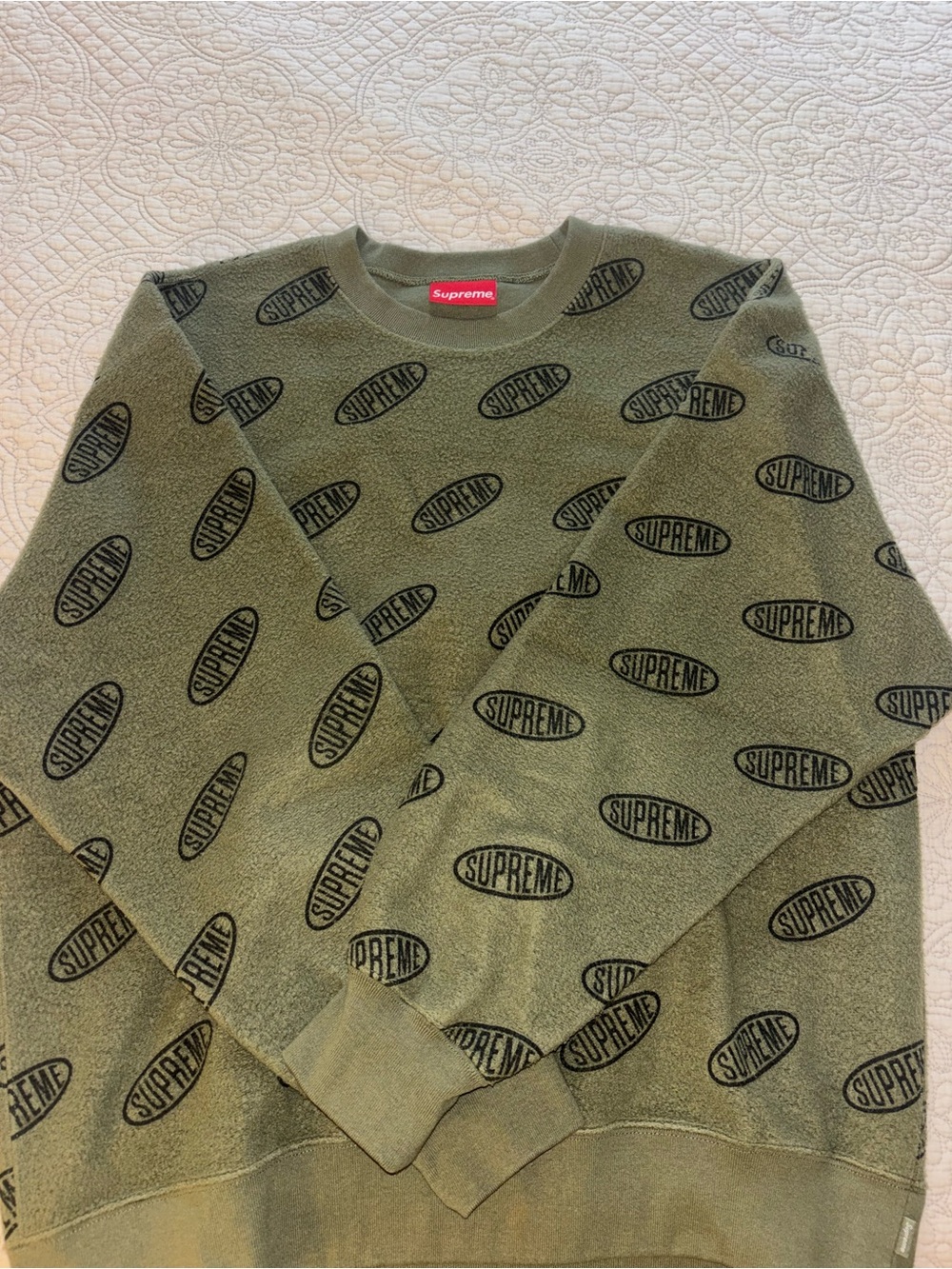 Supreme Olive Green All-Over Logo Crewneck Sweater